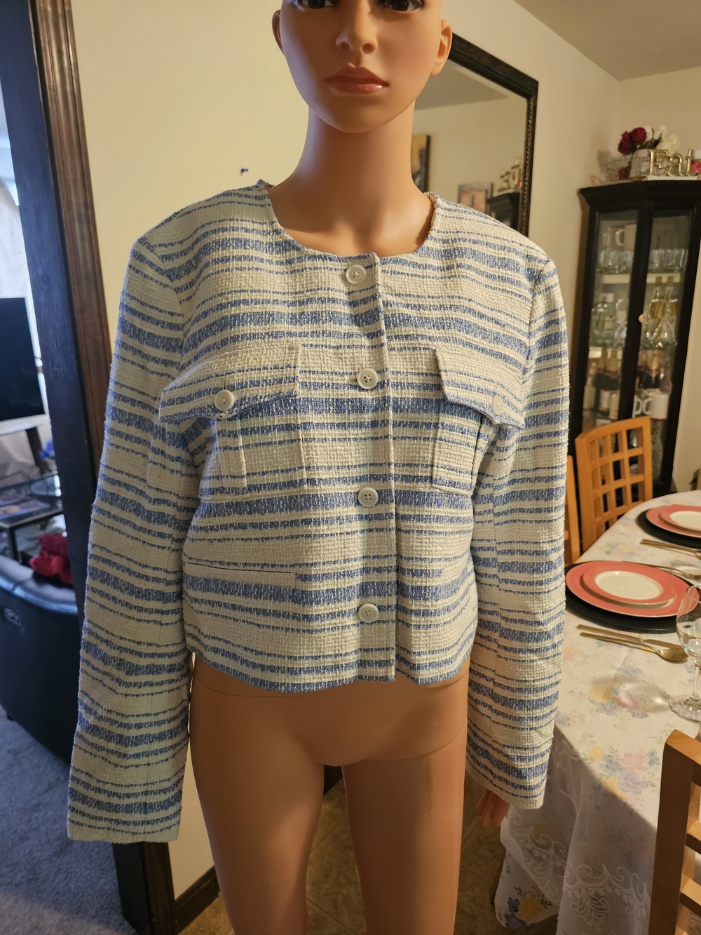 Ann Taylor Blue and Cream Striped Tweed Cropped Jacket